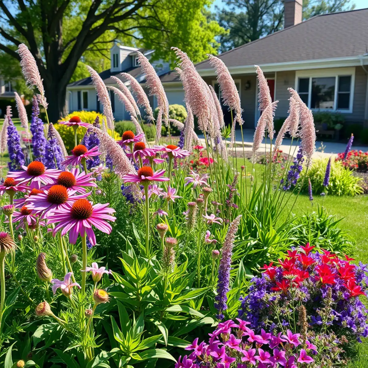 Zone 5 Wisconsin garden bed with purple coneflower, little bluestem, and black-eyed Susan