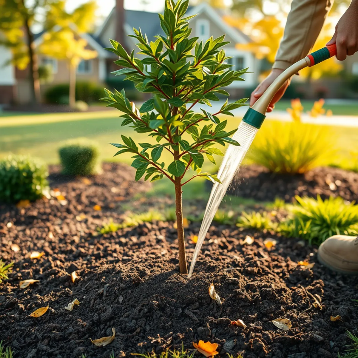 Newly planted serviceberry tree with mulch ring in an Appleton, WI backyard in early fall