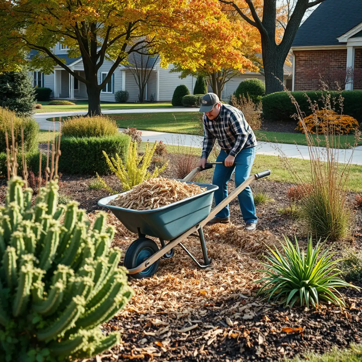 Fall garden bed mulched for winter with cut-back perennials in the Fox Cities
