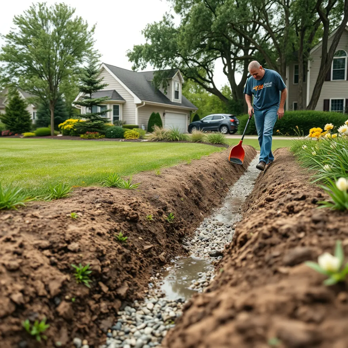 Standing water pooling on a clay-soil lawn after spring snowmelt in the Fox Cities
