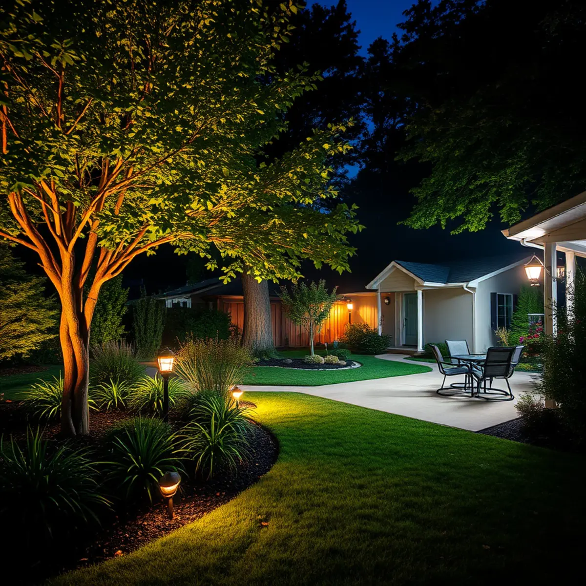 Appleton home at dusk with low-voltage LED uplighting on trees and a lit stone path