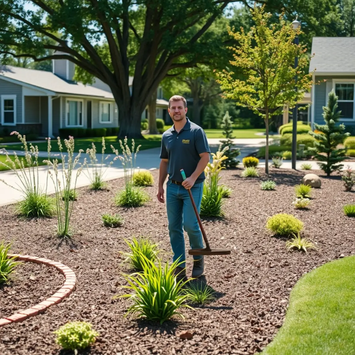 Low-maintenance Fox Cities front yard with native plantings, clean mulch beds, and stone