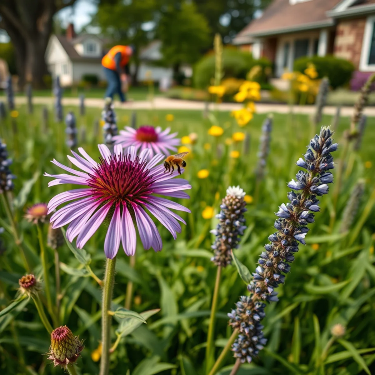 Pollinator garden of native wild bergamot and coneflower with bees in the Fox Valley