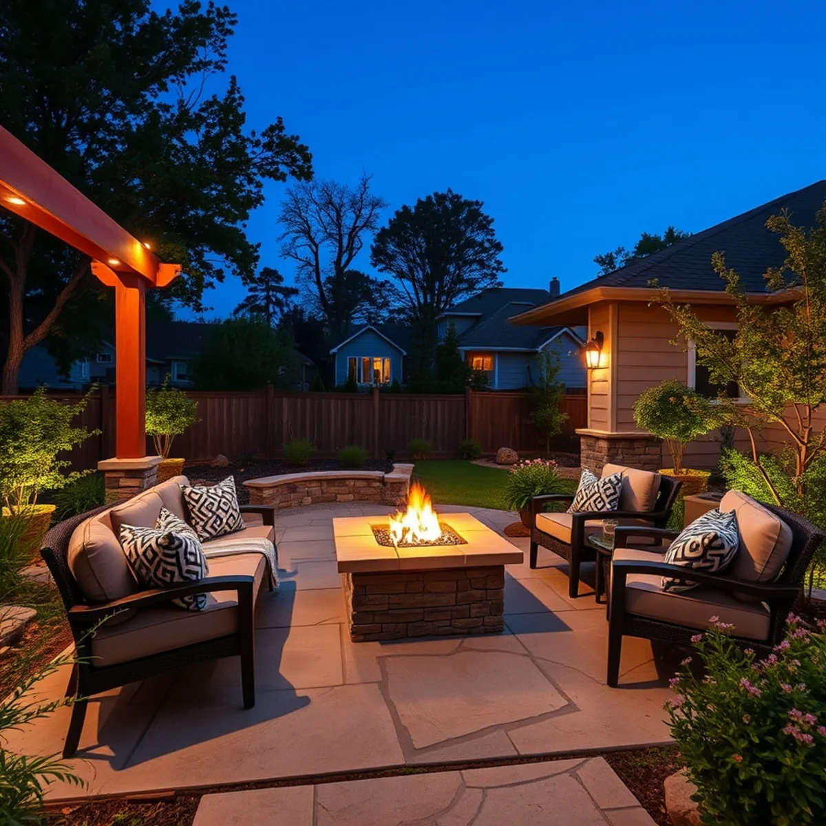 Backyard paver patio with a stone fire pit and pergola set up for a Wisconsin evening