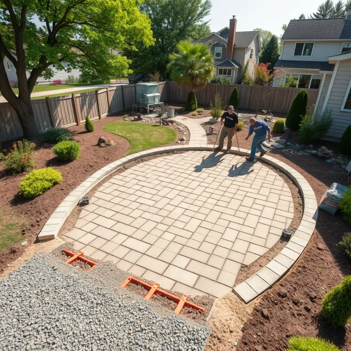 Freshly installed paver patio with a compacted gravel base under construction in the Fox Cities