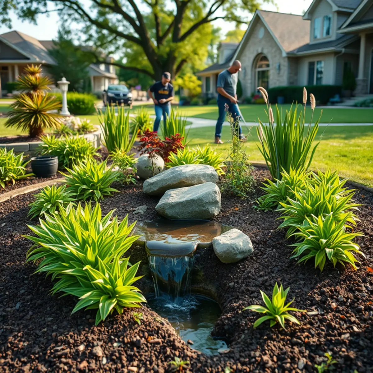 Native rain garden basin capturing downspout runoff in a Fox Cities yard