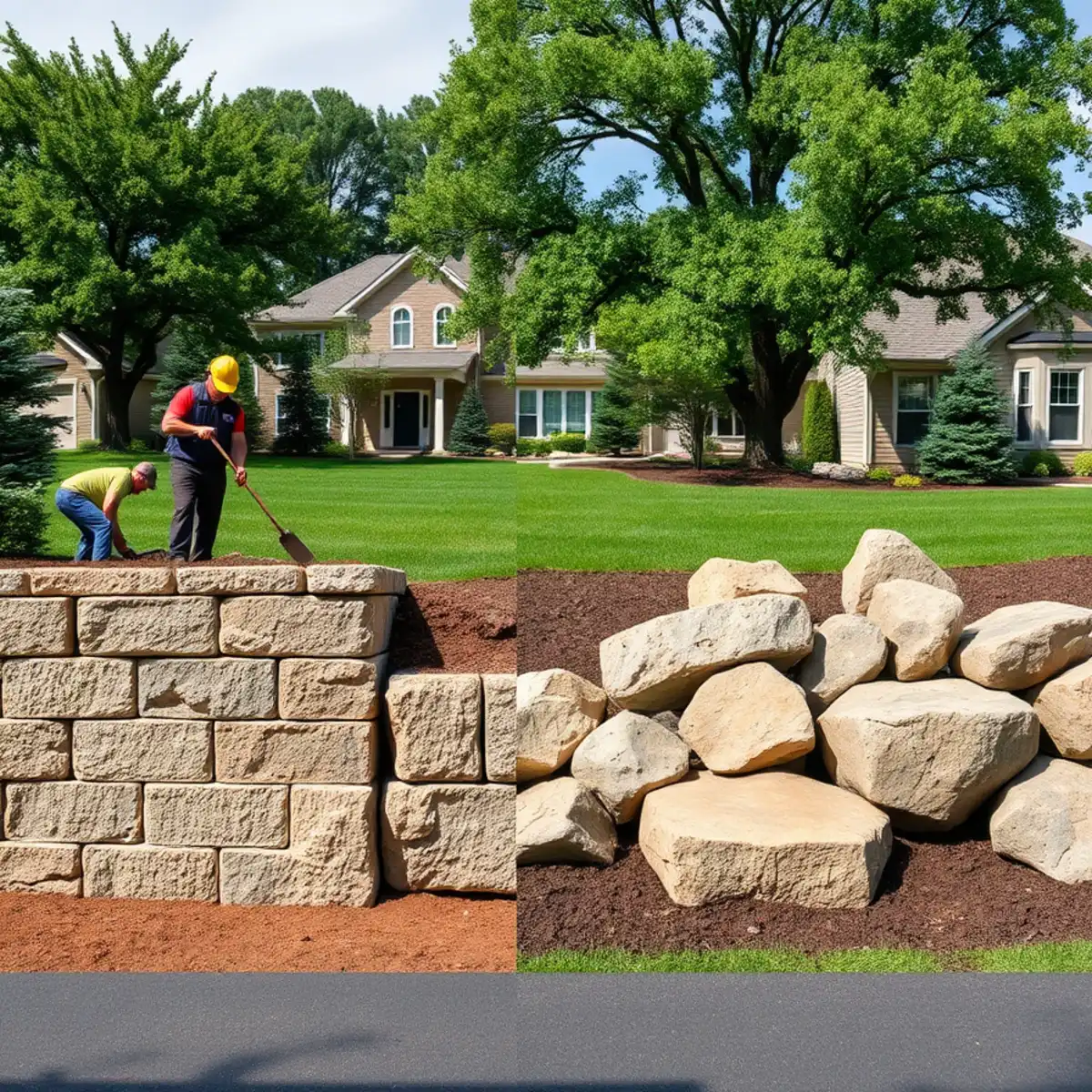Segmental retaining wall block installation with gravel backfill and drainage in Wisconsin