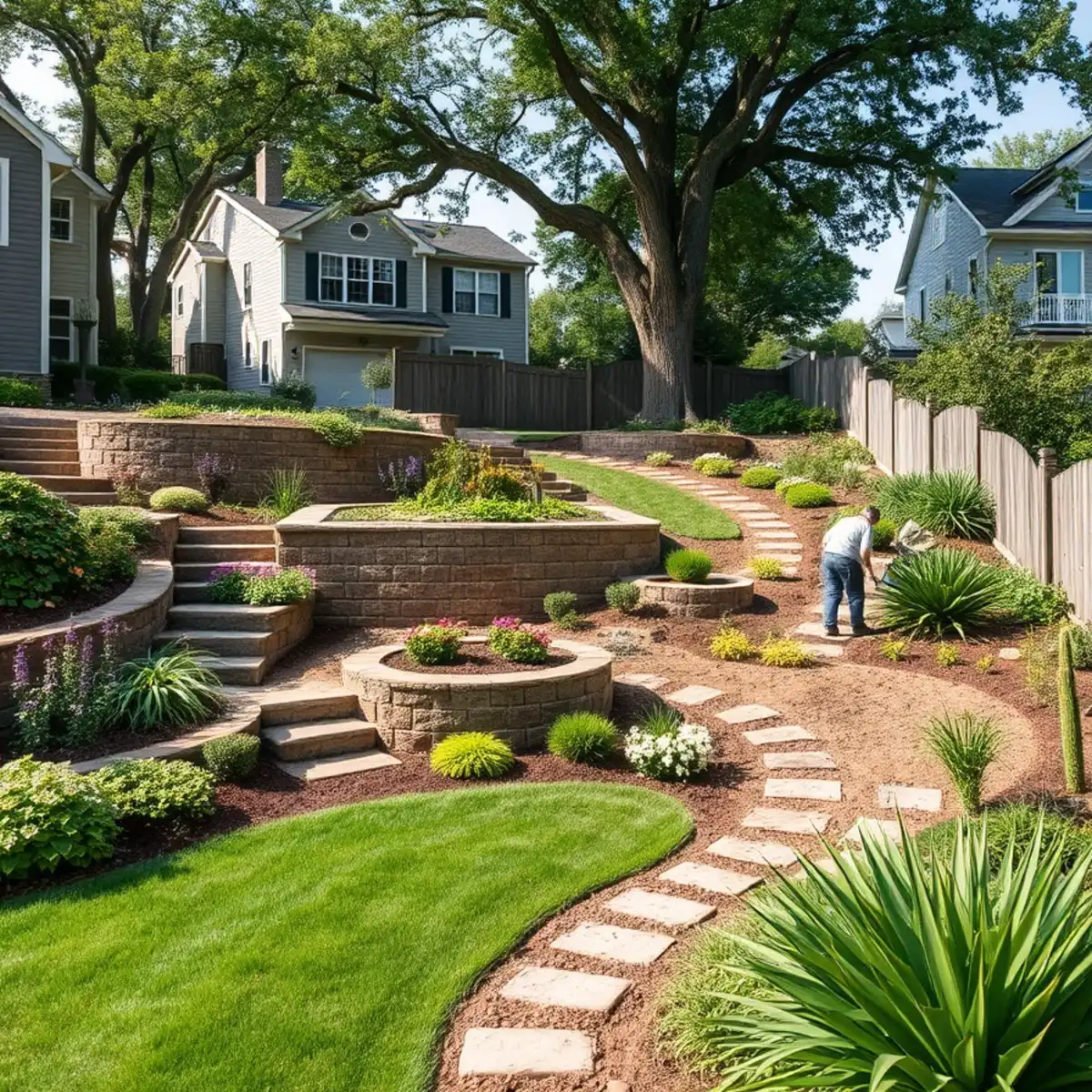 Sloped Fox Valley backyard showing a retaining wall on one side and regraded lawn on the other