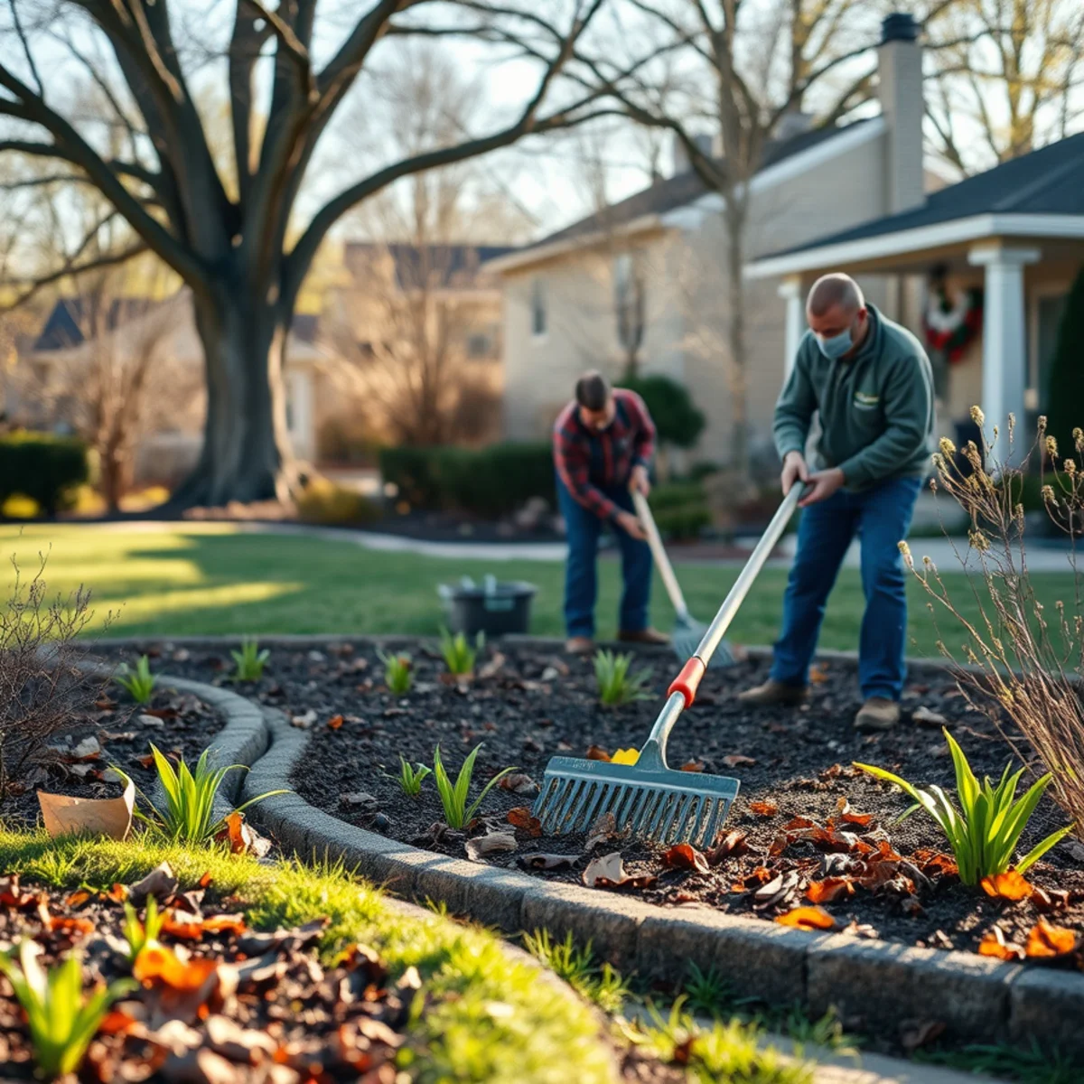 Homeowner raking leaves and debris from a garden bed during spring cleanup in Appleton, WI