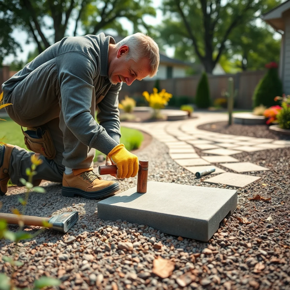 Owner of Down To Earth Landscaping installing a paver patio at an Appleton, WI home